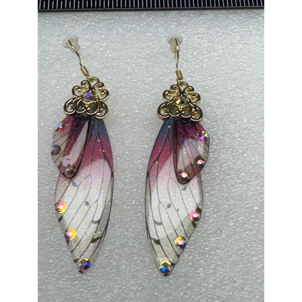 Fairy Wing Earrings Iridescent Rhinestone Dangle Gold Tone